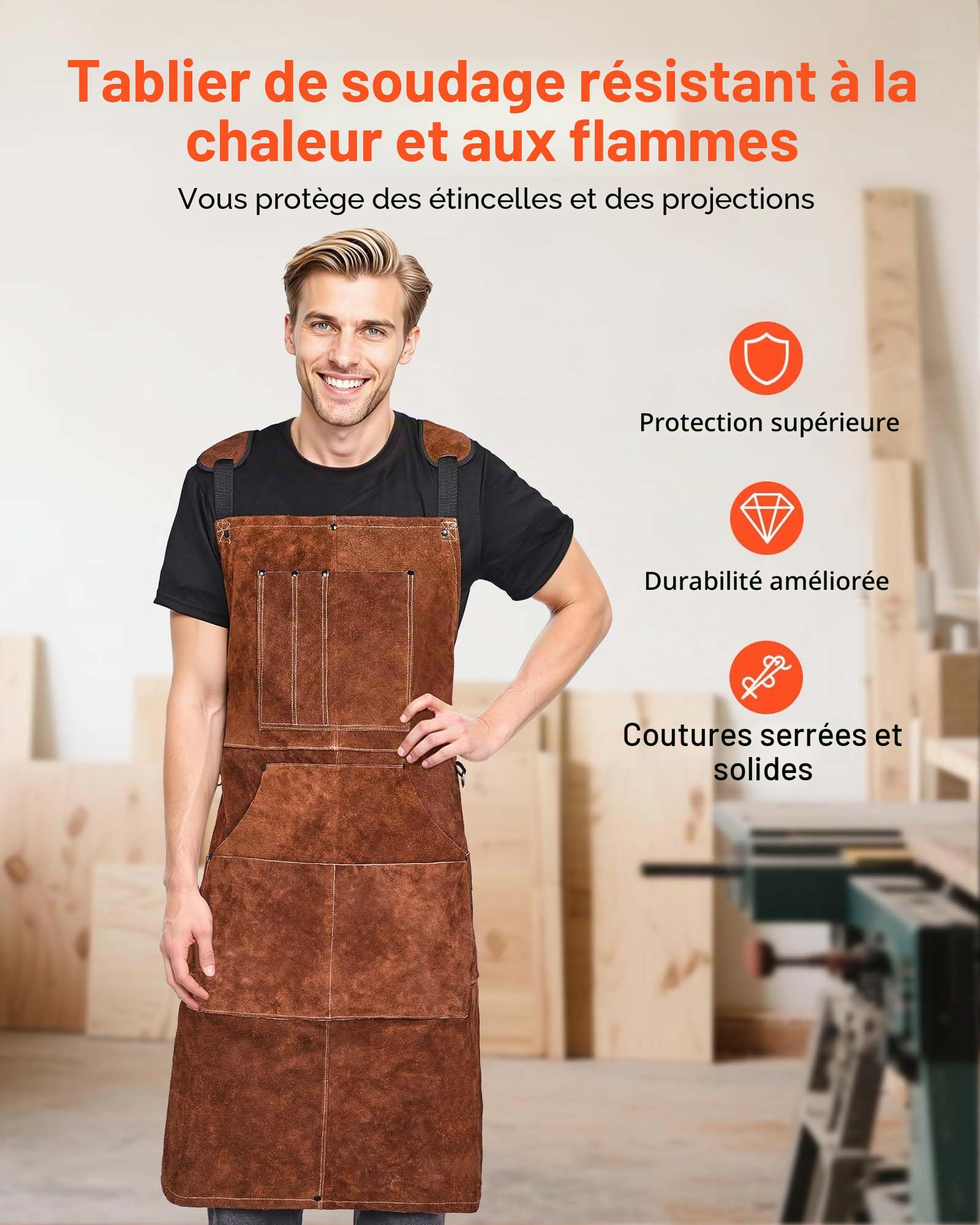 VEVOR Tablier de Soudage en Cuir de Vachette, Tablier de Soudeur Résistant aux Flammes, à la Chaleur, avec 6 Poches, Protection Étincelles pour Hommes, Femmes, de Travail du Bois, Jardinage, Barbecue