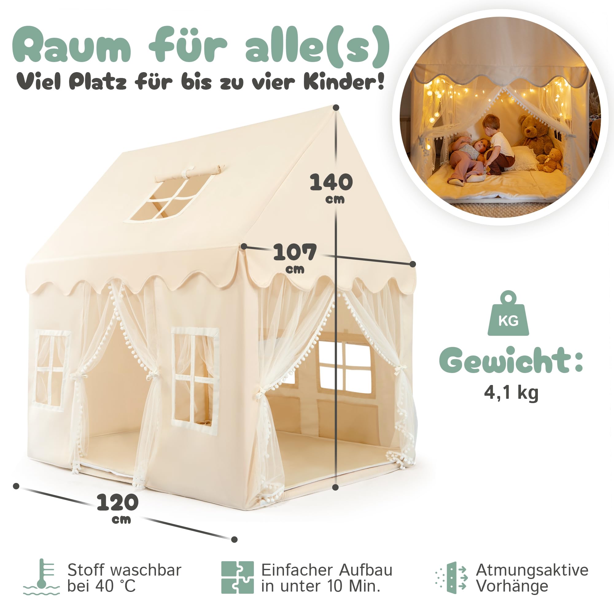 Spielhaus Kinder Indoor mit 2 Eingängen & 5 Fenstern | Kinderzelt für Drinnen, Spielzelt, Kinderspielhaus, Kinderhaus, Zelt Kinderzimmer, Kuschelecke | Mädchen & Jungen ab 3 Jahre | beige