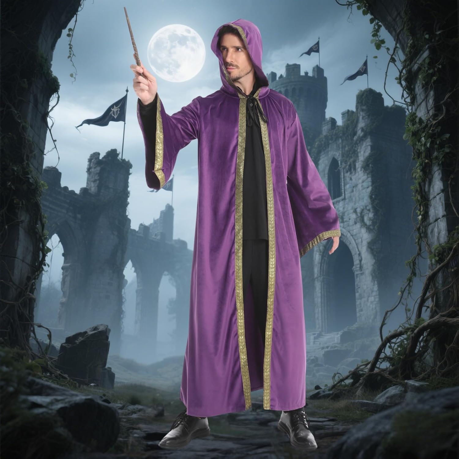yolsun Velvet Wizard Robe with Hood and Sleeves, Men Wizard Cloak Costume Halloween Cosplay Medieval Cape Renaissance Costume