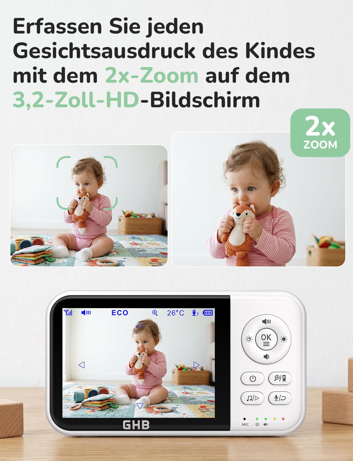 GHB Babyphone mit Kamera 3,2 Zoll LCD 2100 mAh Akku ECO Modus 60 Stunden 2X Zoom Gegensprechen Temperatursensor Nachtsicht
