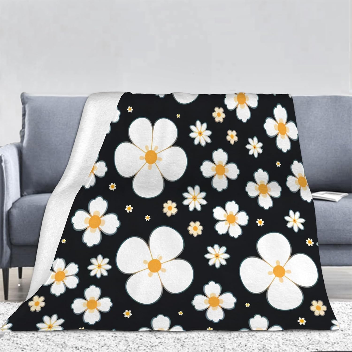Couverture Polaire 180 x 220 cm Blanc, Plaid Polaire Fleurs Couverture 3D Imprimée Flanelle Blanket Literie 2 Personnes, Couvertures Doux et Chaude pour Canape Lit K197