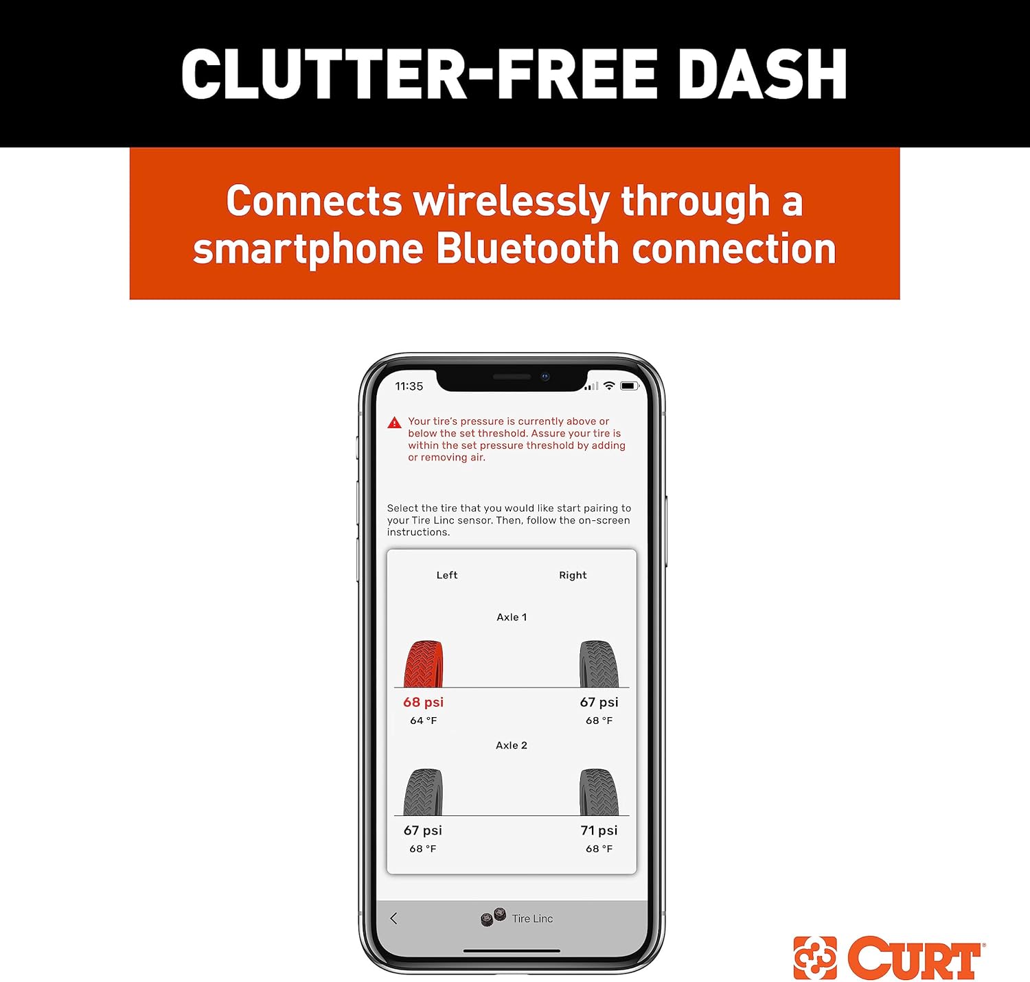 Smartphone displaying CURT OneControl app with tire pressure readings