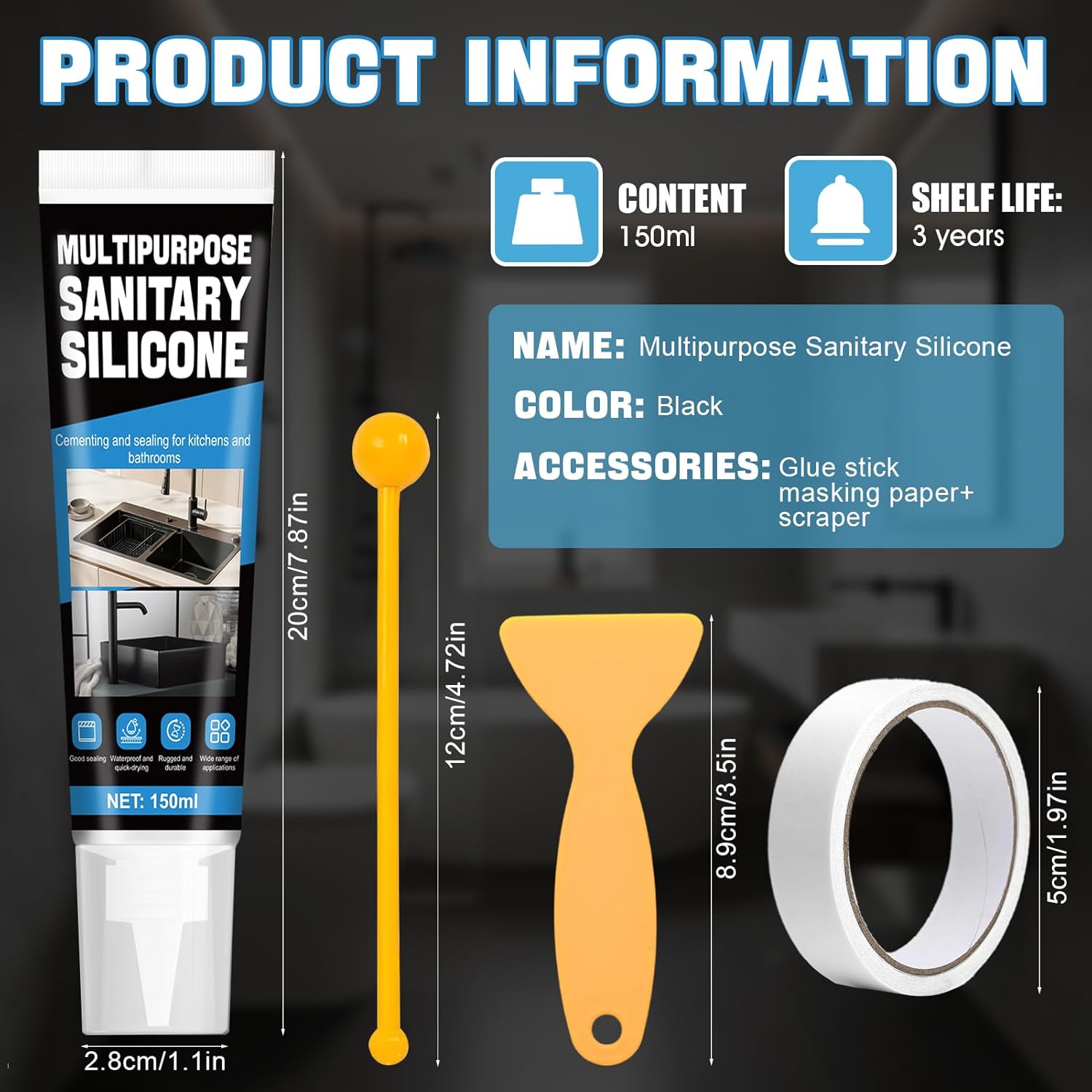 JAOJAO Black Silicone Caulk, Waterproof Black Caulk with Scraper and Sticker, Fast-Curing for Bathroom, Kitchen, Windows & Exterior Use - DIY Homeowners & Contractors, 150ml