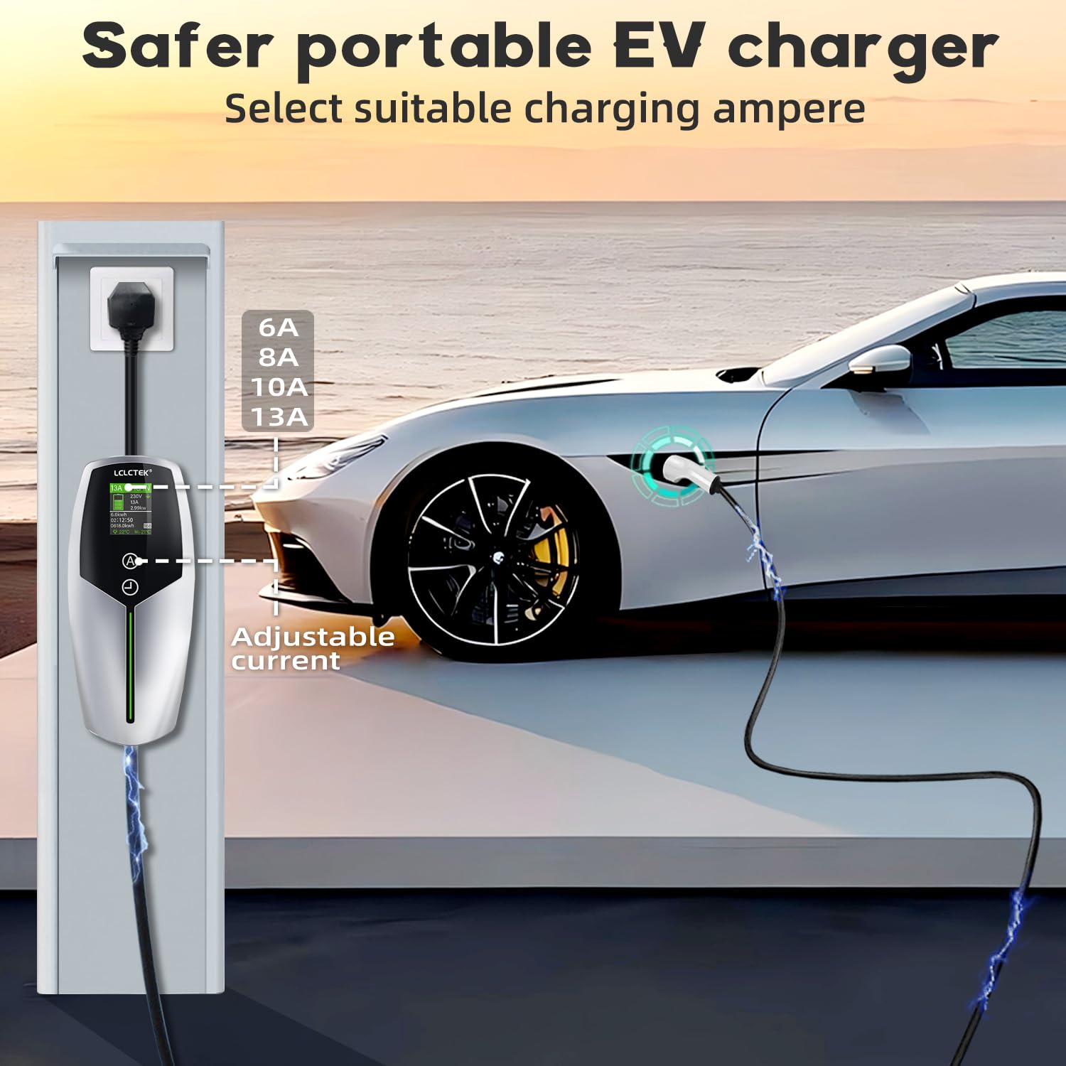 3KW EV Charger Cable Type 2 to 3 Pin Plug 8m/26Ft,Portable UK 3 Pin EV Charger,Electric Car Charger [6/8/10/13A],Car-Charger with LED Display, IP65 Waterproof,Type 2 Cable EVs and PHEV — view 2