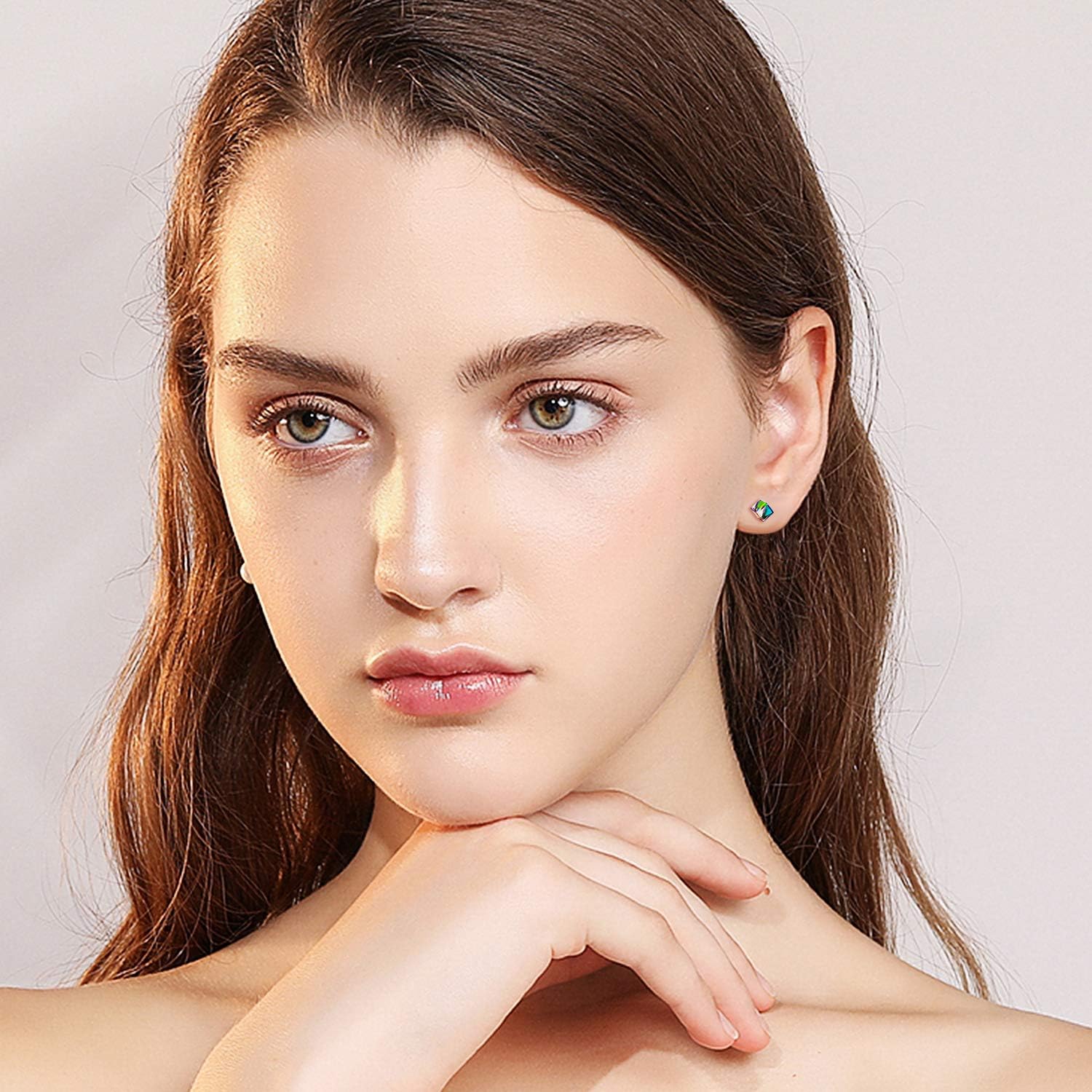 Hypoallergenic Sterling Silver Cube Stud Earrings with Blue Aurora Crystals from Austria Valentines Day Gifts for Her Fine Jewelry Gifts for Women Girls