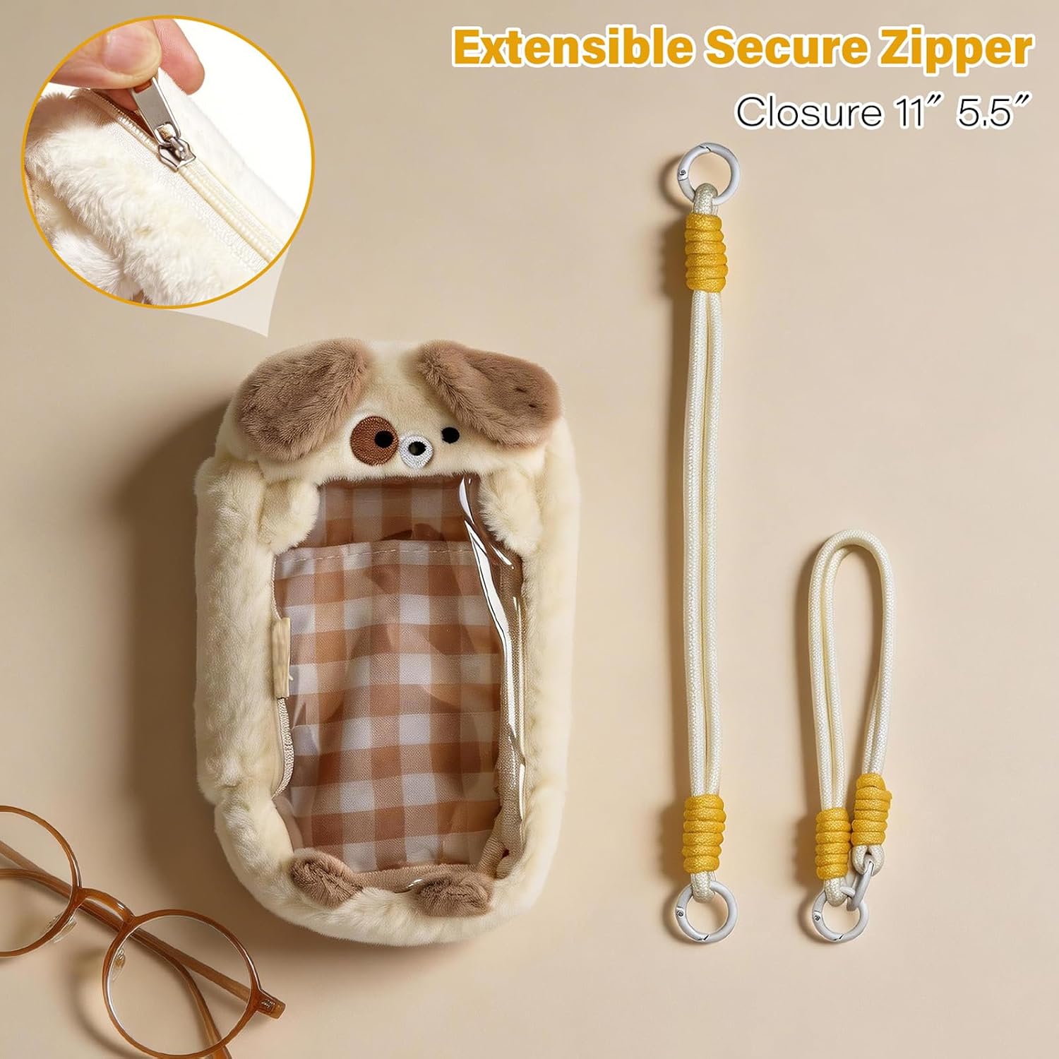 Cute Puppy Plush Glasses Case with Plaid Transparent Window, Sunglasses Case with Wrist Strap for Daily Essentials