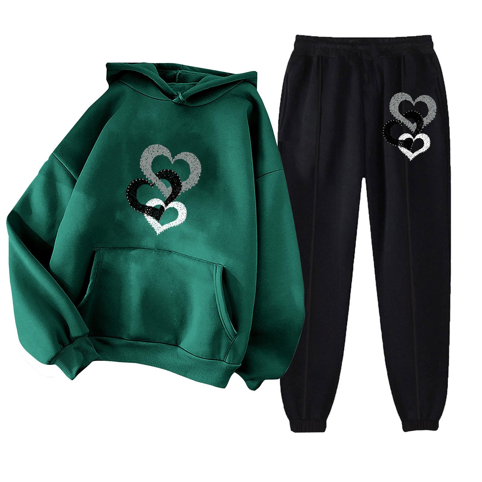 Donna Tuta Sportiva Set Stampa Forma di Cuore Felpa con Cappuccio e Jogging