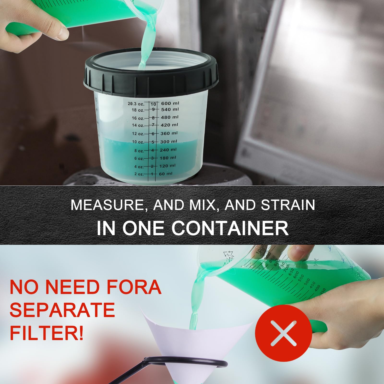 Disposable Paint Mixing Cup Kit For HVLP Spray Guns - 10 Cups With Lids, Plugs, Adapter & Stirrer (20 Oz)