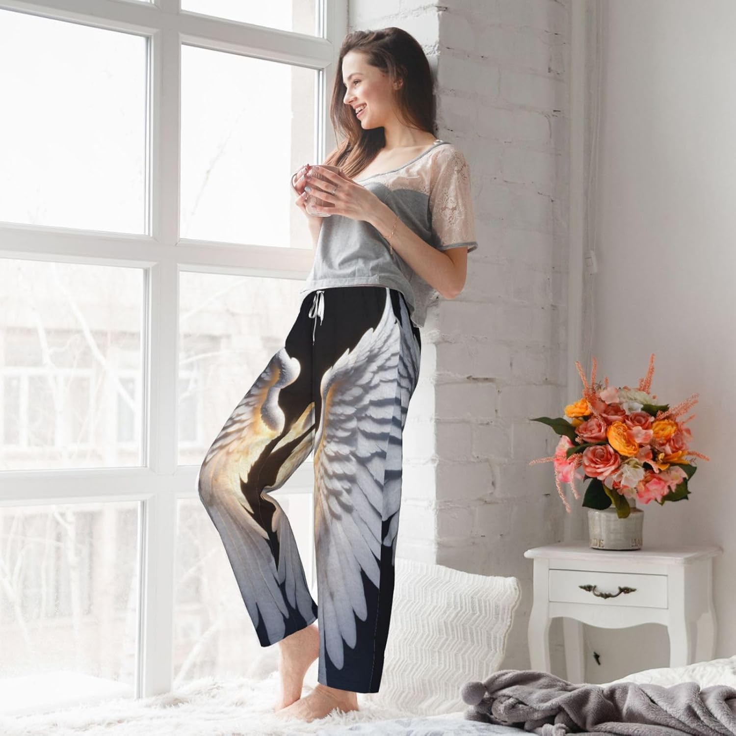 Angel Wing Print Cozy Flannel Pajama Pants For Women,Warm Christmas Pj Pants,Cute Fleece Pajamas