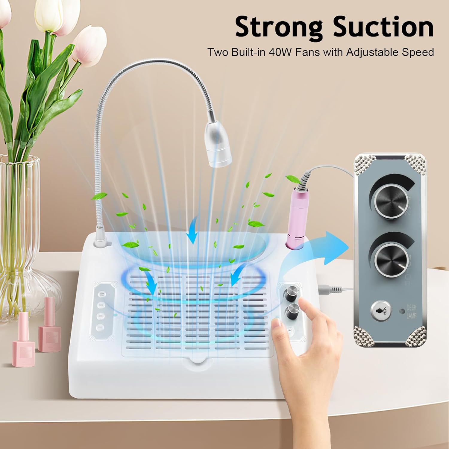 5-in-1 Nail Dust Collector, Electric Nail Drill Machine, 96W UV/LED Nail Lamp Dryer, 30000rpm, 360° LED Desk Light & Hand Cushion, All-in-One Salon & Home Gel Polish Kit