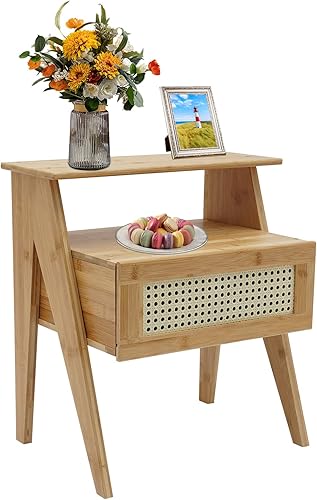 Miniatura 4 de Mesita de noche de bambú, mesa auxiliar con cajones y patas de madera maciza, mesita de noche para dormitorio, sala de estar, color natural