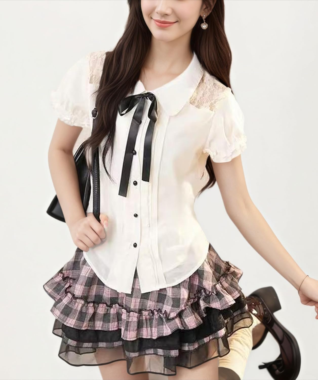 Lolita Shirts Kawaii Cute Clothes Blouse Lace Short Jirai Kei Fashion Puff Sleeve Shirt Ruffle Top with Bow Cutecore - Image 5