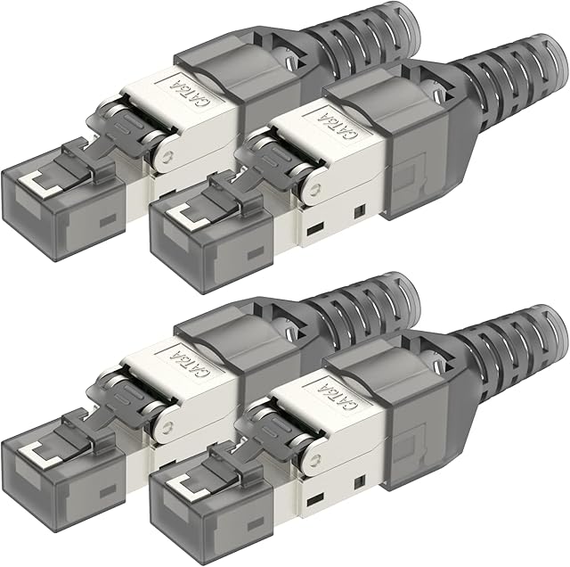 LEENUE RJ45 Cat6A Connector Tool-Free Toolless RJ45 Termination Plug Reusable Shielded for Ethernet Cables 10Gbps POE 4 Pack
