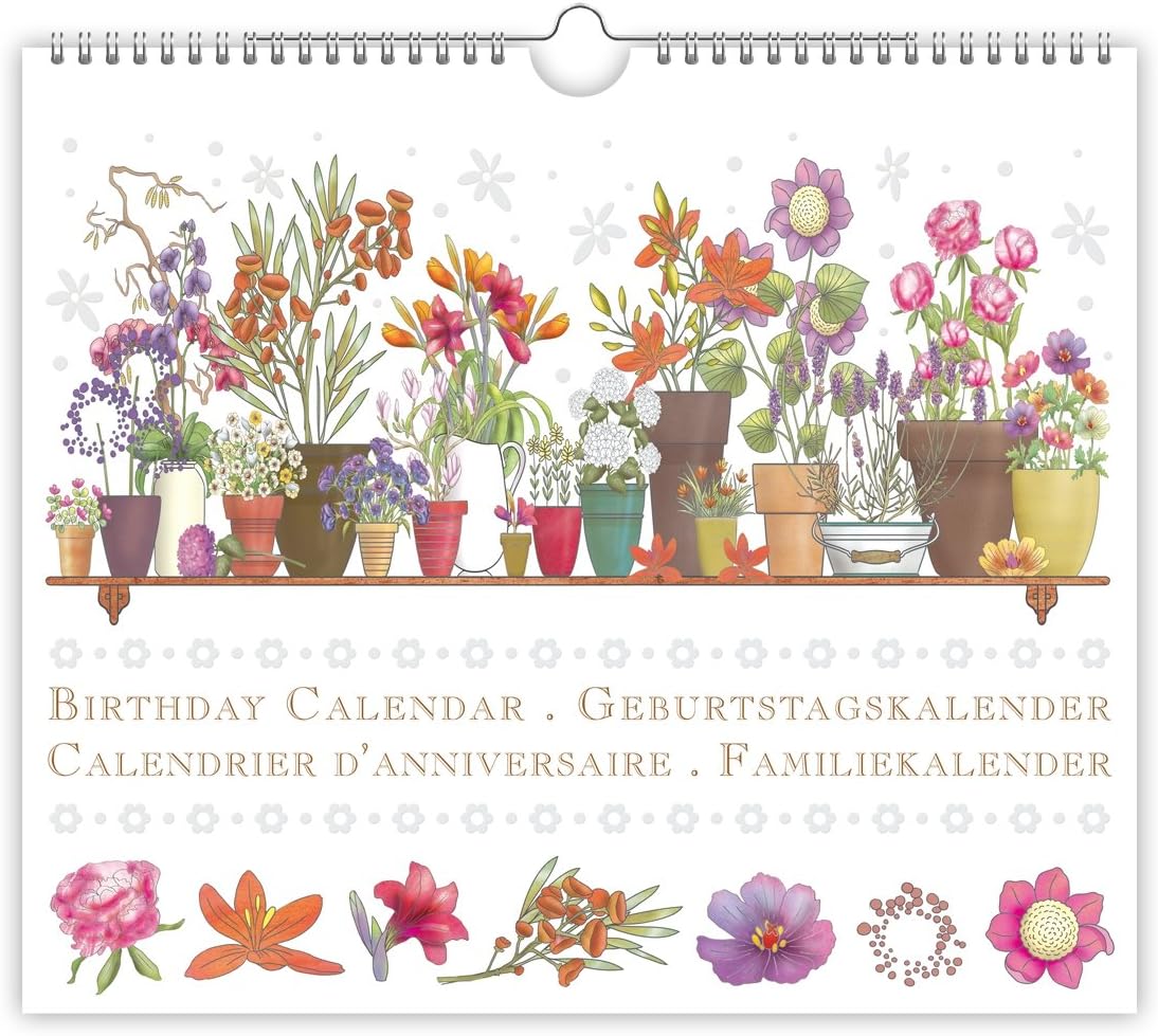 Quire Birthday Calendar - Flower Pots Design - Beautifully embossed with Gold and Silver Foil - Size 225mm x 195mm