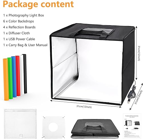 Miniatura 7 de LUXCEO - Caja de luz para fotografía, kit de caja de luz de fotografía de producto de 12 x 12 pulgadas con caja de luz CRI 95+ para fotos, 120 luces