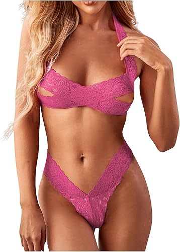Miniatura 9 de Zzalalana Conjunto de lencería exótica para mujer, sexy traviesa con cuello halter y bragas, 2 piezas, ropa de dormir para sexo