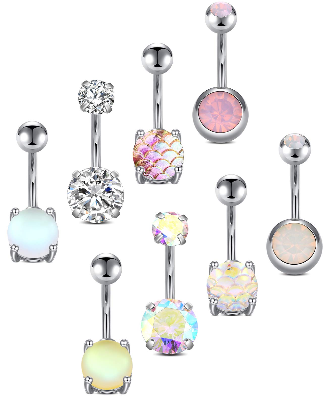 AceFunAceFun Belly Bar 14G Belly Button Rings Surgical Steel Colorful Ball Shiny CZ Navel Belly Piercing Jewelry for Women Girls