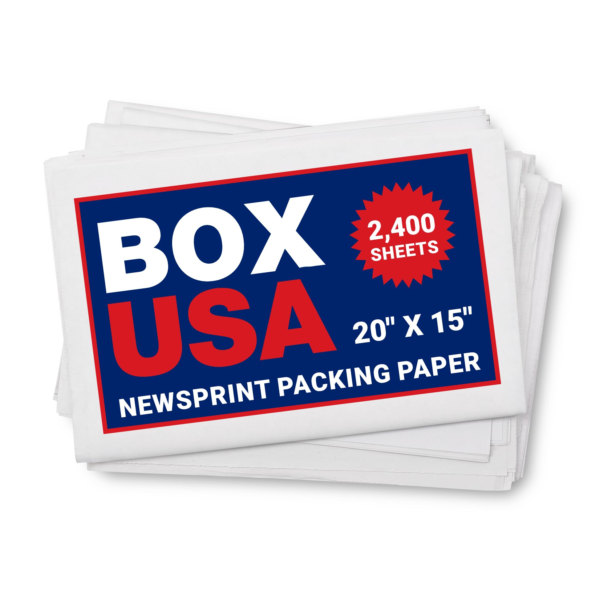 BOX USA Packing Paper Sheets 20 x 15 (2400 Sheets, 50 lb) - Newsprint Paper for Shipping, Storage and Moving Supplies, White