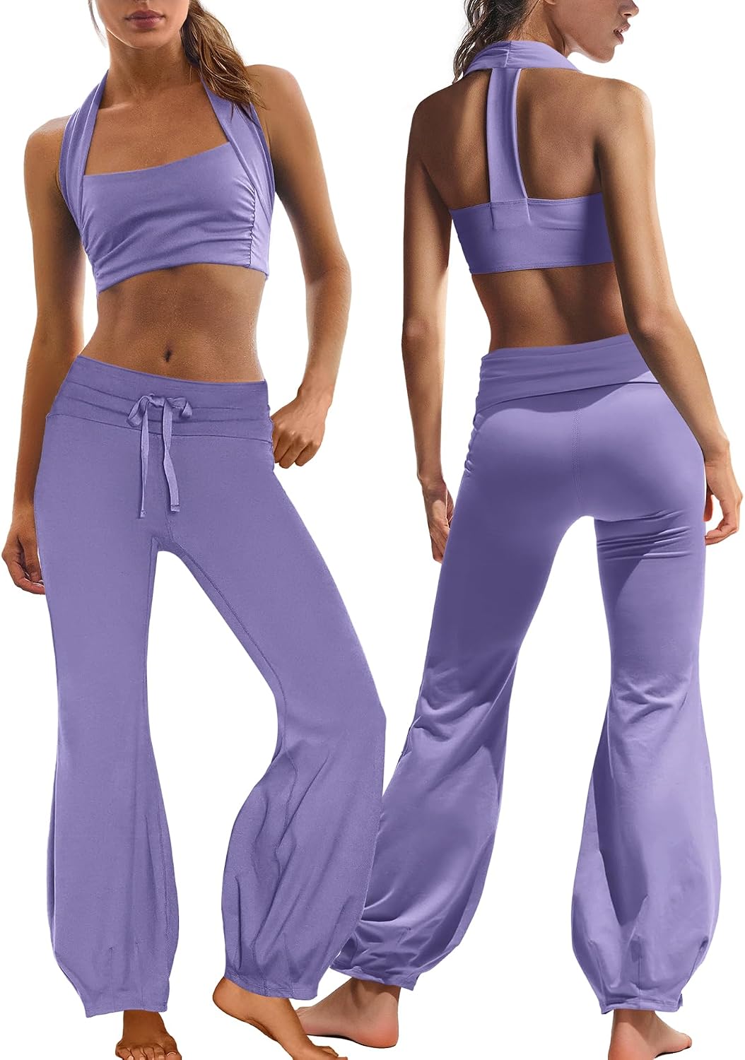Nirovien Womens Two Piece Workout Sets Athletic Yoga Set Halter Sports Bra and Fold Over Flare Leggings Pilates Gym Outfits
