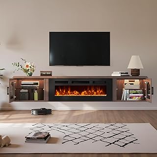 70" Floating TV Stand with Fireplace, High Gloss Finish Wall Mounted Fireplace Entertainment Center with Storage for TVs Up to 80", Modern TV Console and 36" Fireplace, Brown