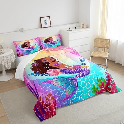 Miniatura 4 de Erosebridal Juego de ropa de cama para niña negra, juego de edredón de sirena lindo, juego de ropa de cama de princesa con conchas moradas, edredón