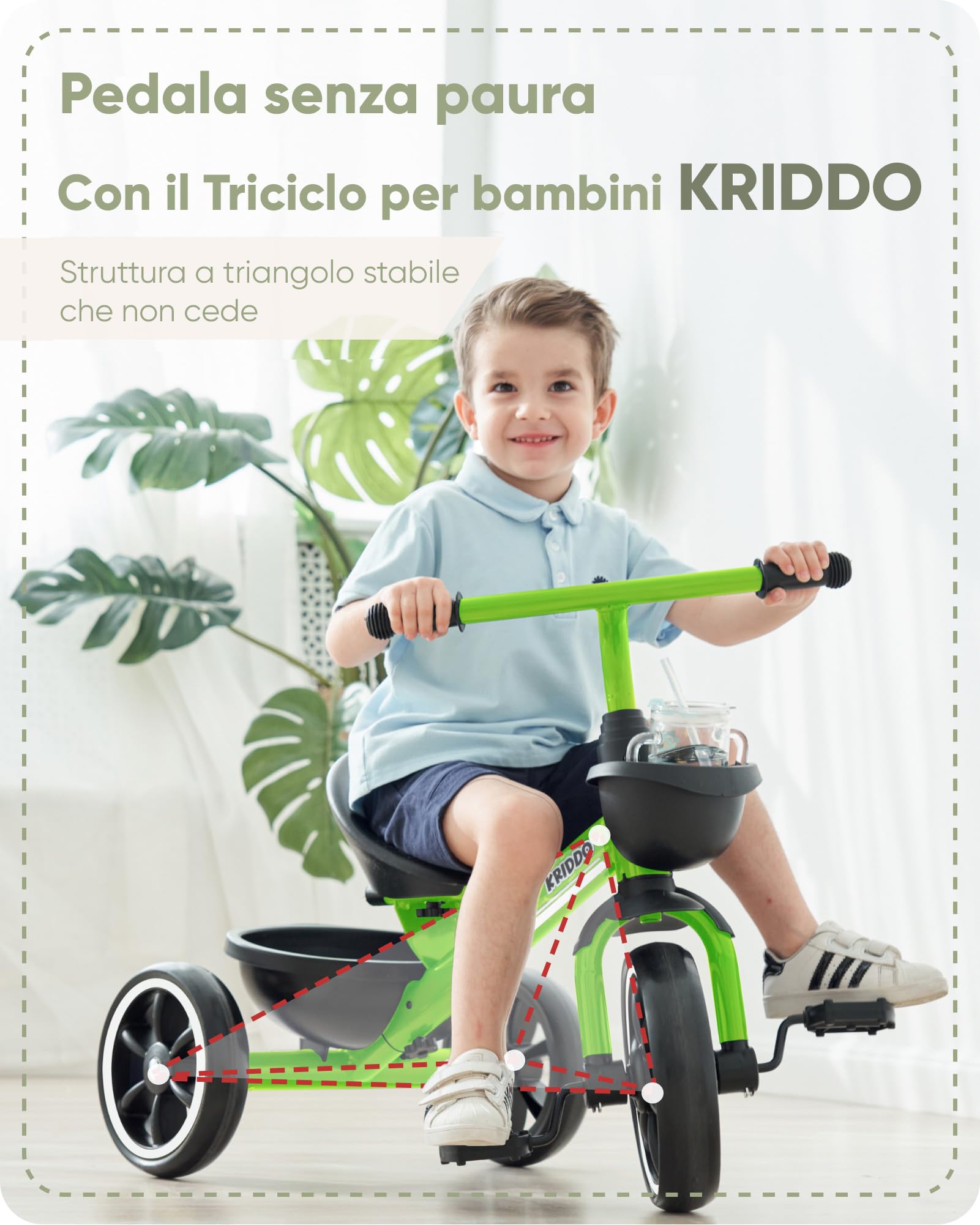 KRIDDO Triciclo per Bambini dai 24 mesi ai 5 anni, Tricicli per bambini da 2,5 a 5 anni, Triciclo Evolutivo da 2 a 4 anni, con Cestello Portaoggetti, Ideale da regalare, Verde