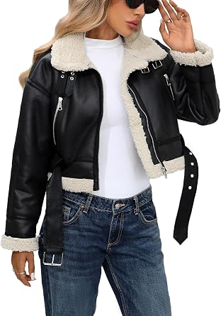 LY VAREY LIN Winter Women Faux Lamb Fur Leather Short Jacket Lapel Zipper Bomber Aviator Coat
