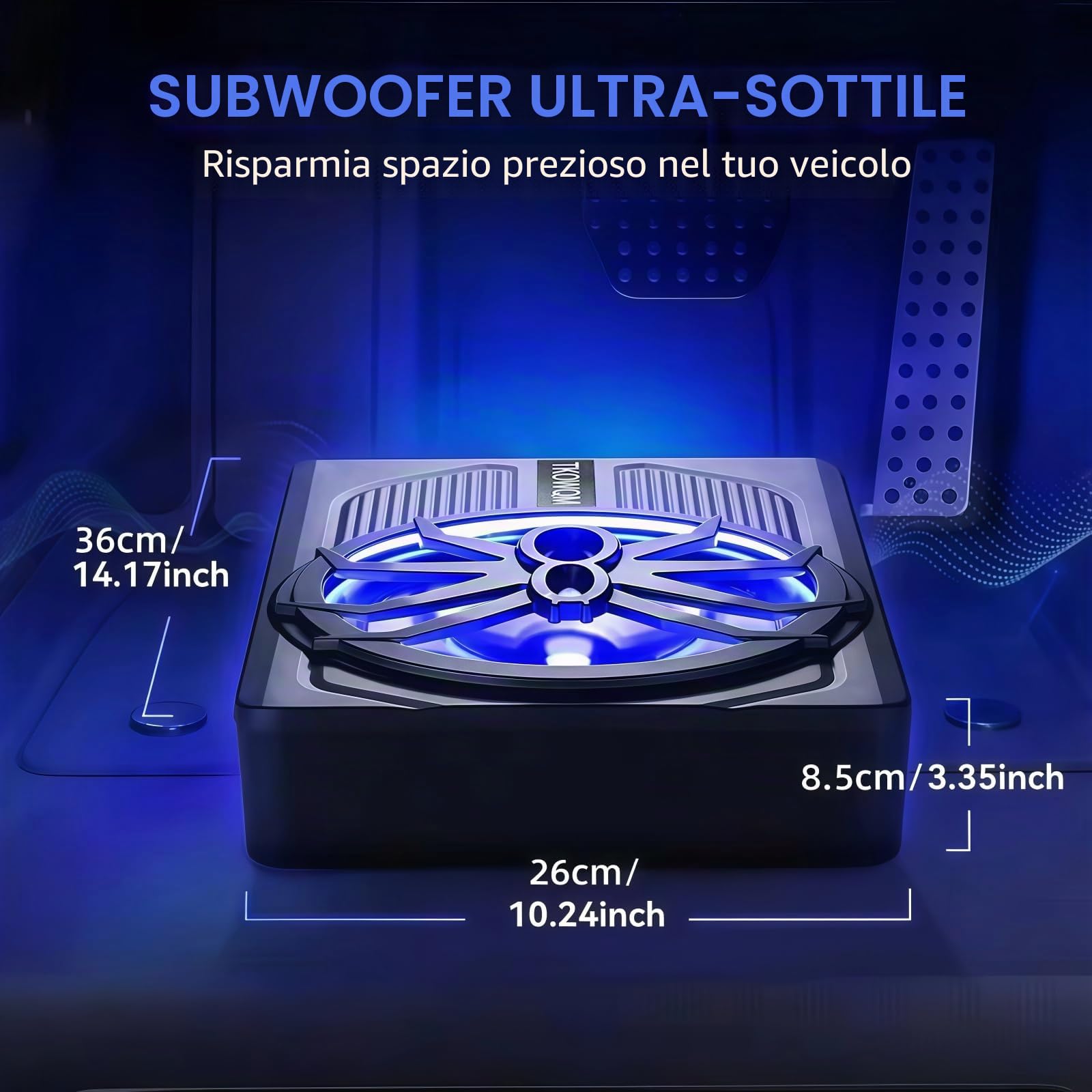 Subwoofer per Auto, 10" 800W Sottile Sotto il Sedile Powered Subwoofer, Built-in Car/pista Amplificatore Audio con luce Ambientale a LED blu