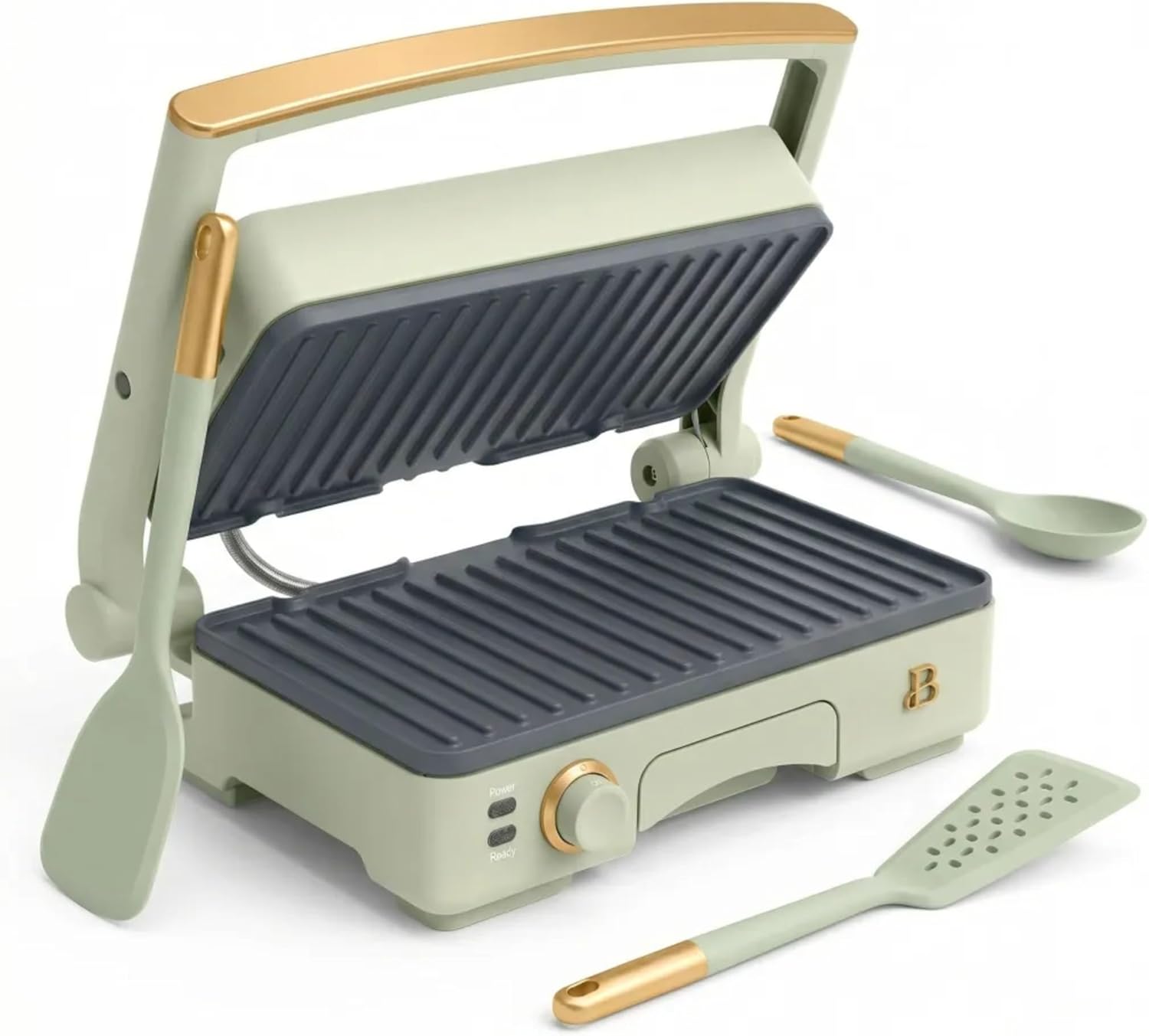 2-in-1 Panini Press & Indoor Grill with Removable Nonstick Plates and 3-Piece Silicone Utensil Set - Sandwich Maker with Adjustable Temperature, 1200W Panini Grill Press (Sage Green)