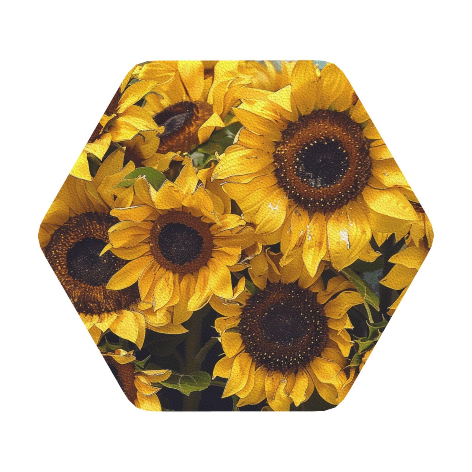 Sunflower Print Leather Coaster Set of 6, Hexagon Coasters Table Decorative Coffee Cup Beverage Coasters Wine Beer Bar Coasters for Hot Drinks Table Protection