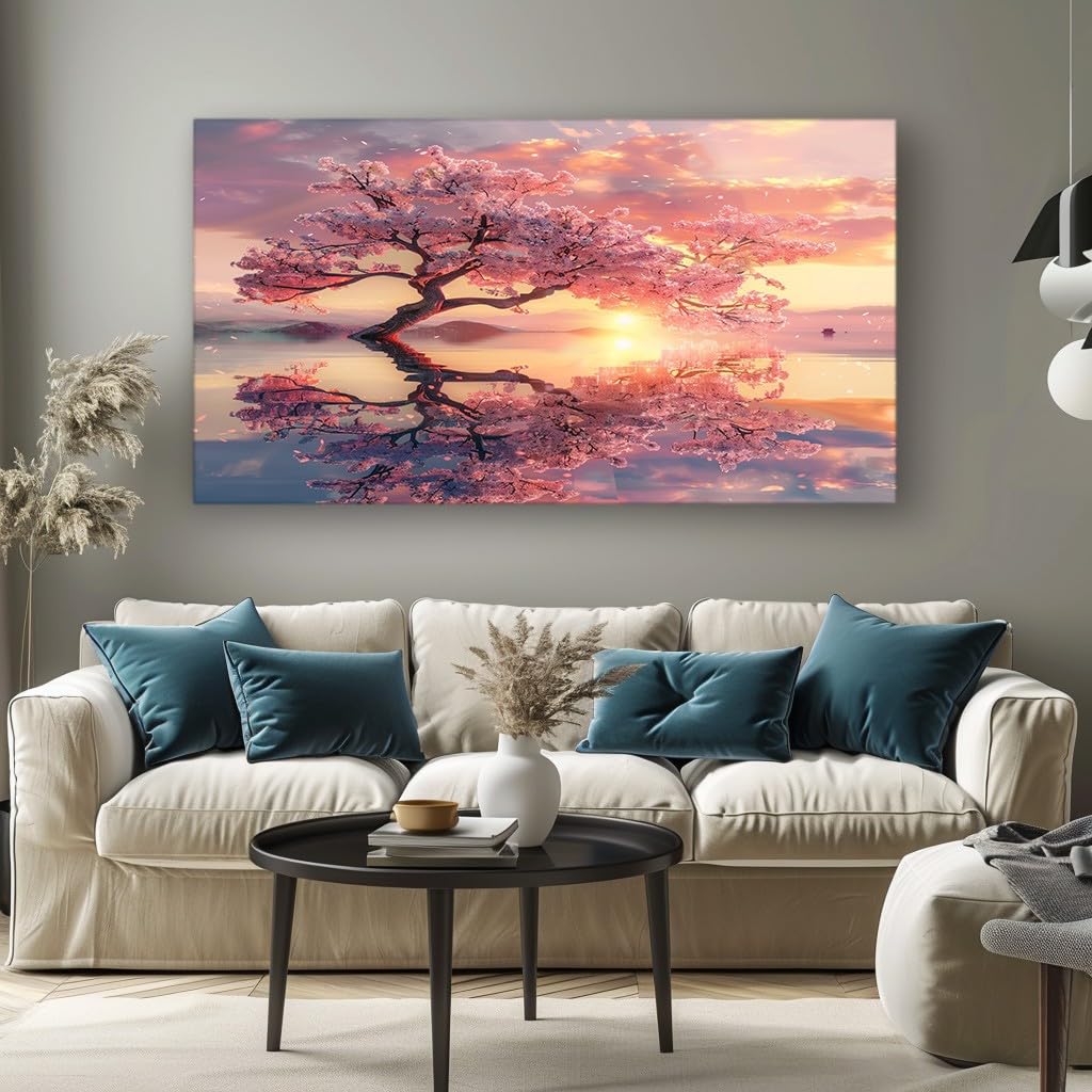 MKBKLI Living Room Wall Art Pink Cherry Blossom Tree Modern Canvas Artwork, Large Decorative Print for Walls, Bedroom, Hallway and Home Decoration 60x120cm
