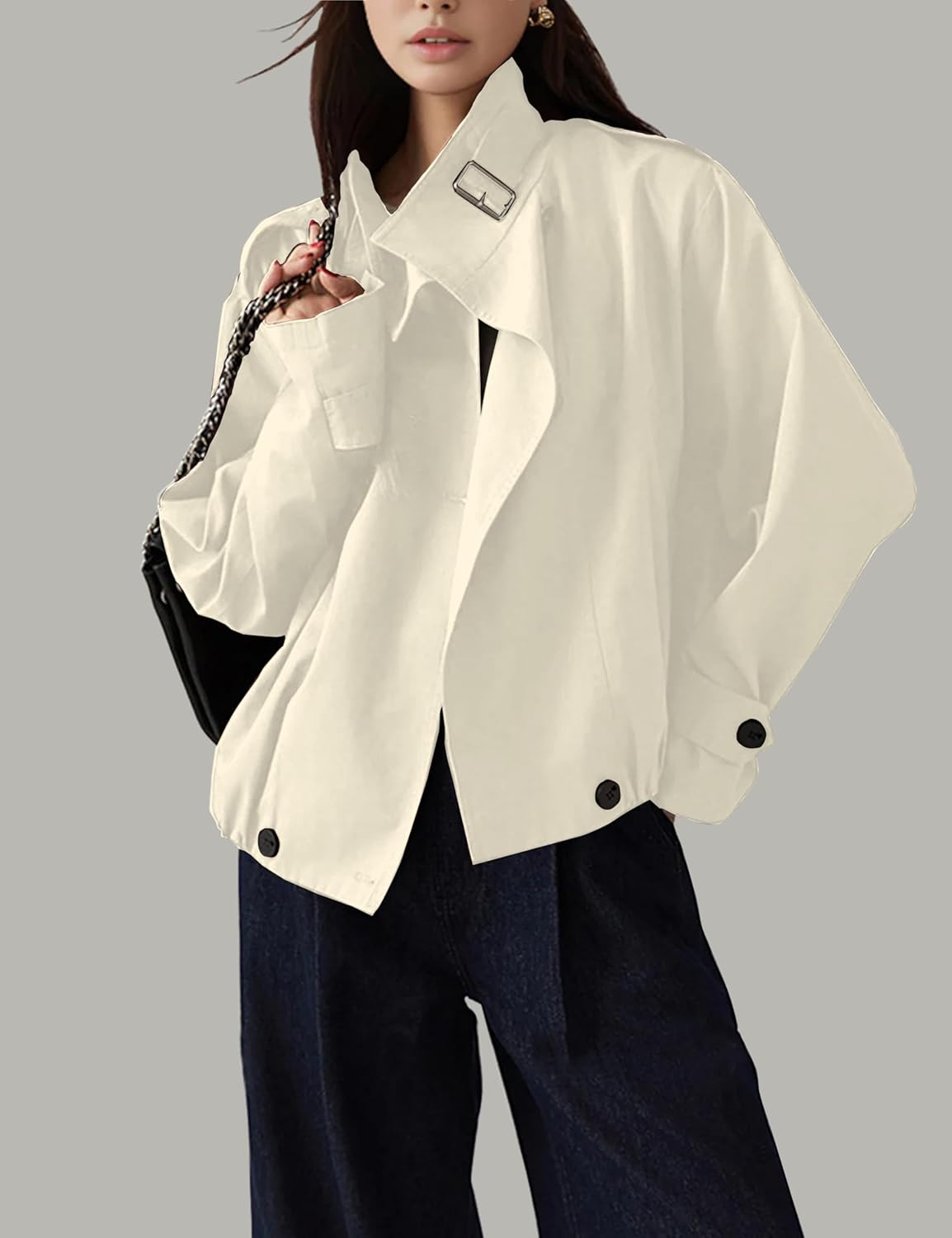 Jackets for Women Trendy Vintage Trench Coat Turtleneck Crop Jackets with Pockets - Image 2