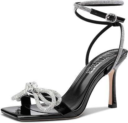 TNYNFBEB Womens Stiletto High Heel Open Square Toe Sandals Ankle Strap Two-Piece Buckle Rhinestone Crystal Bow-knot Prom Dress Summer 3.5 Inches Heels