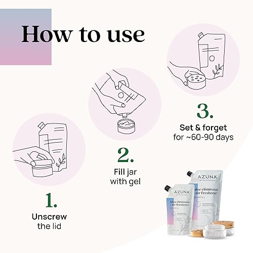 Miniatura 3 de Azuna Ambientador y gel eliminador de olores, kit de 4 habitaciones, incluye (4) frascos de vidrio de lujo sin llenar de 8 onzas y 24 onzas de