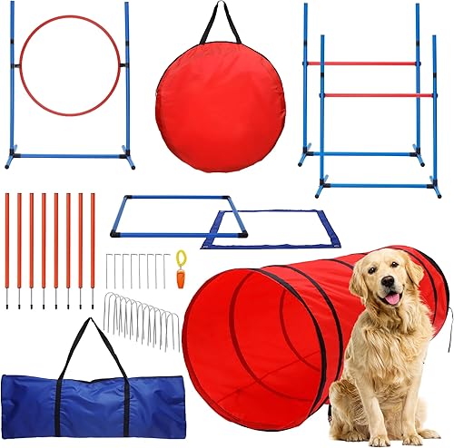 Juego de 15 piezas de entrenamiento de agilidad para perros - El juego de equipo de entrenamiento de agilidad para perros incluye túnel de agilidad