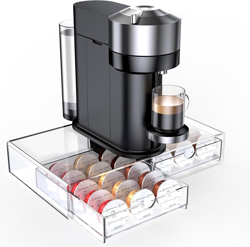 Compact Clear Acrylic Coffee Pods Drawer Organizer Compatible with Nespresso Vertuo Pods, Easy to See the Available Capsules Options, Smooth Pull-Out, Holds 30 Capsules for Small Countertop