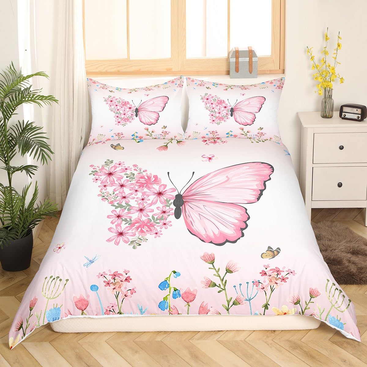 richhome Butterfly Bedding Set Double Size,Girly Ombre Pink Flowers Duvet Cover for Teenagers Bedroom Decor,Rustic Farmhouse Style Butterflies Bed Set of 3 Piece with Zipper Closure โ image 1