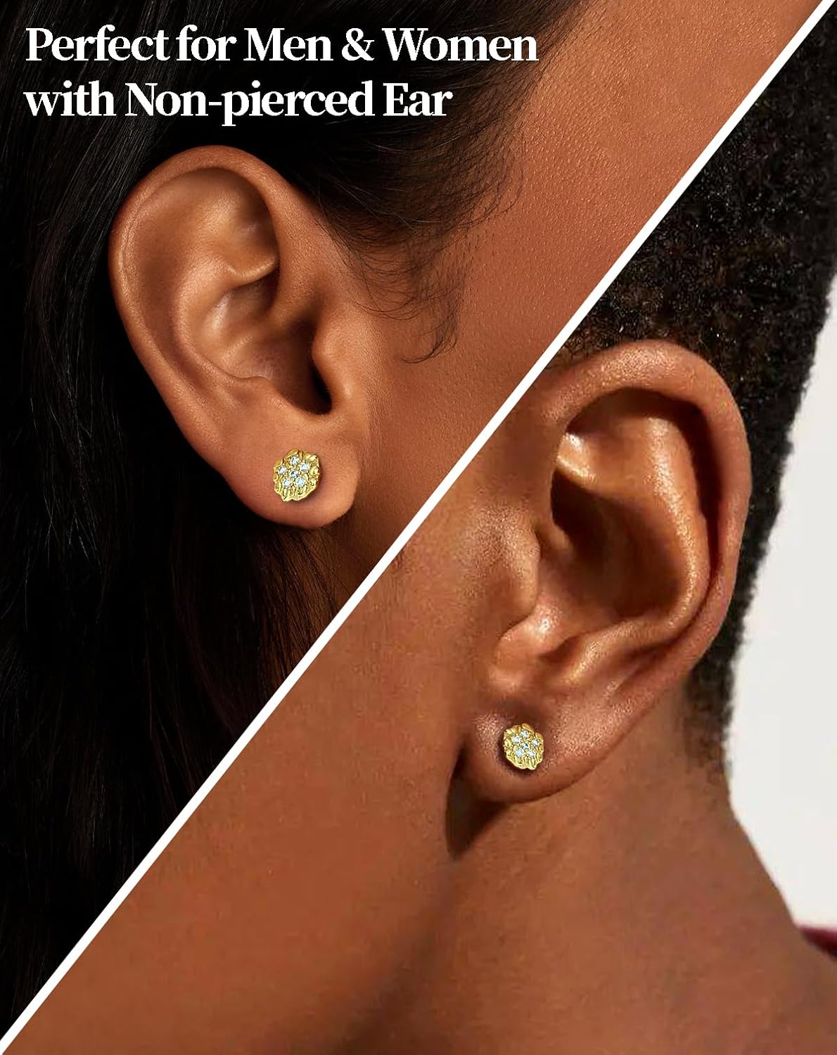 18K Gold Plated Moissanite Nugget Earrings for Men, 13.5MM Big Magnetic Stud Earring for Non-piercing Ear Sterling Silver Fake Clip On Diamond Earrings Hip Hop D VVS1 Certified 0.6CT