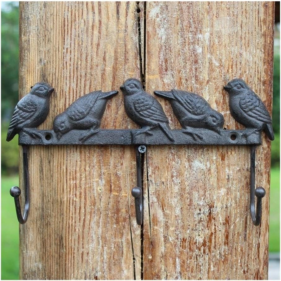 guizhoujiufu Gardening Accessories European Country Style 5 Birds Design Black Cast Iron Wall Hooks with 3 Hanging