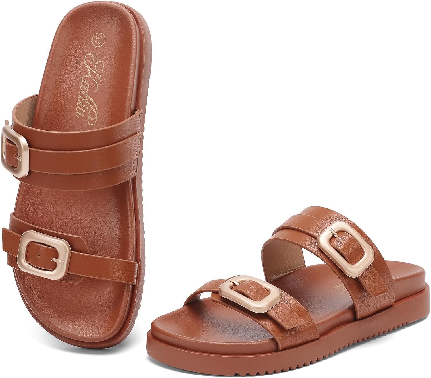 katliu Women's Comfort Flat Sandals Double Buckle Adjustable Slide Sandals Casual Summer Sandals with Arch Support