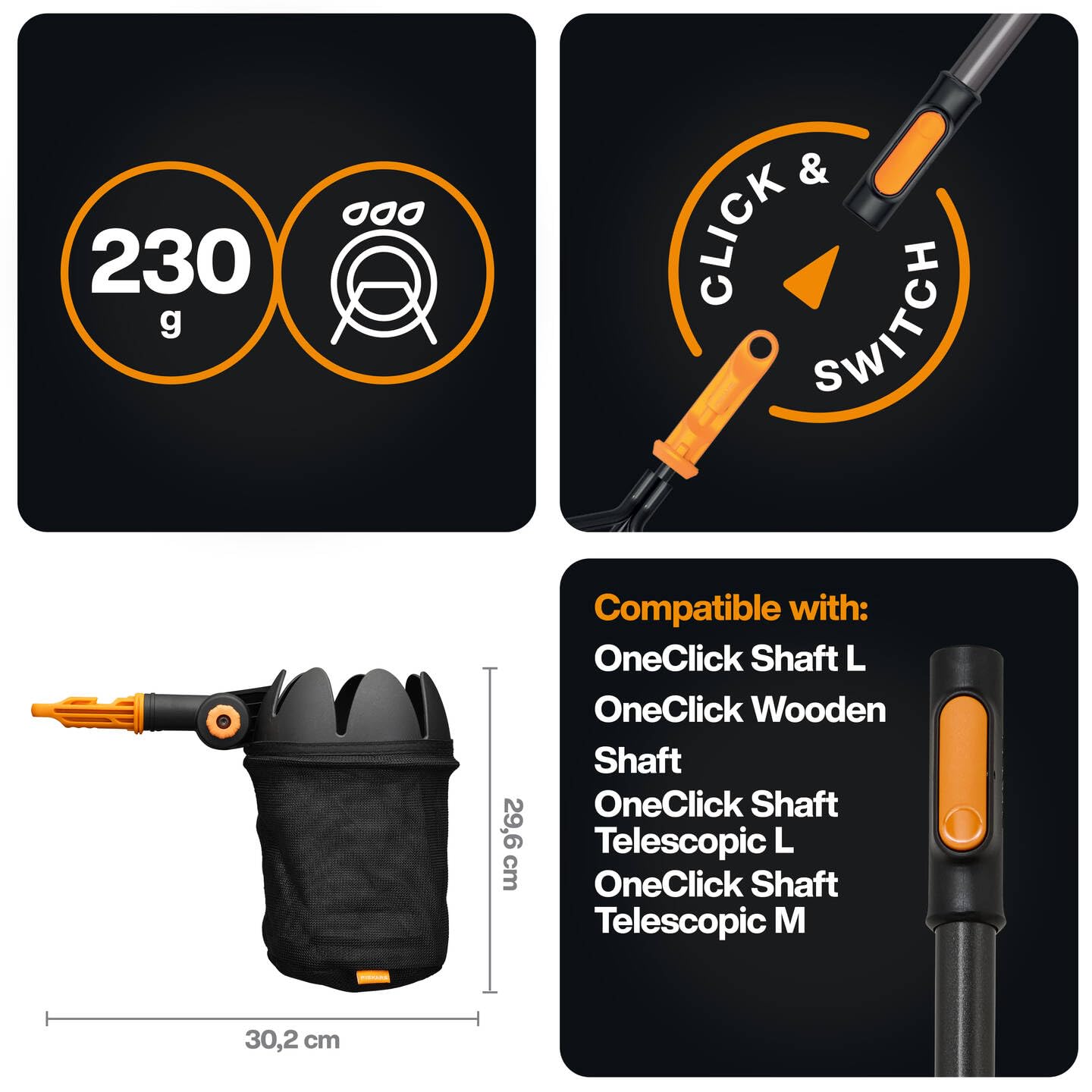 Fiskars OneClick Cueilleur de Fruits, Embout avec Filet Souple, Changement Facile en Un Clic, Lavable en Machine, Noir/Orange, 1080692