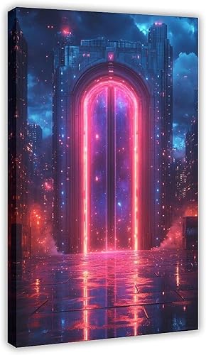 Glowing Neon City Nightscape  Retro Cyberpunk Wall Decor for Living Room Poster Print for Teen Boys Room Wall Art Canvas Painting Print
