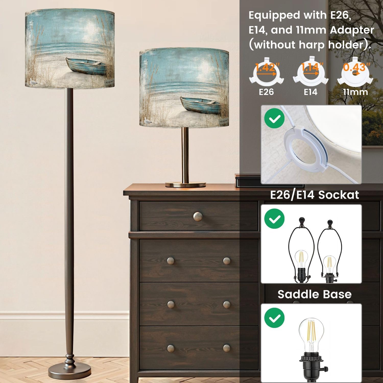 Drum Lamp Shade Beach Nautical Boat Ocean Seagull Sea Bird Seashore Blue Wooden Grass Lampshade 8.9"x11"x11" for Table Lamps Floor Lamps Pendant Light Replacement Large Linen Lamp Shade Easy Assembly