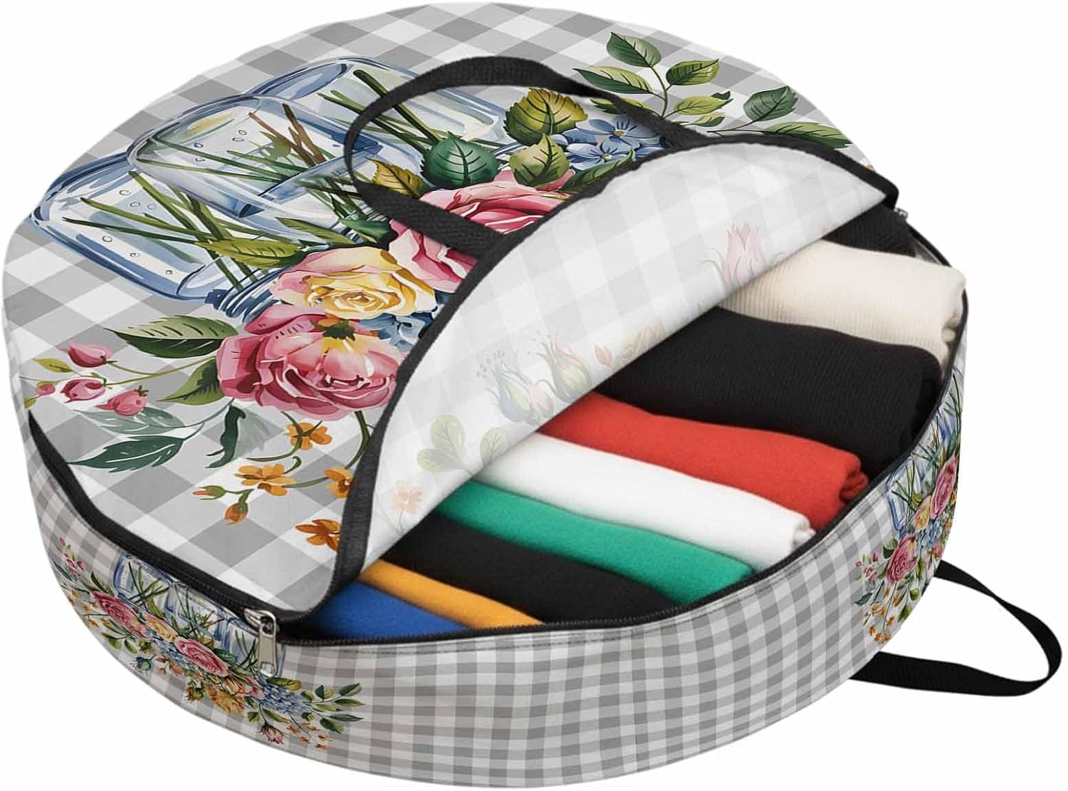 Storage Bag Flower Vase Round Storage Totes Bins Closet Organizers with Zippers & Handle Leaves Plant Grey Plaid Clothes Storage Container for Bedroom Dorm Space Saving Packing Supplies Moving Bags