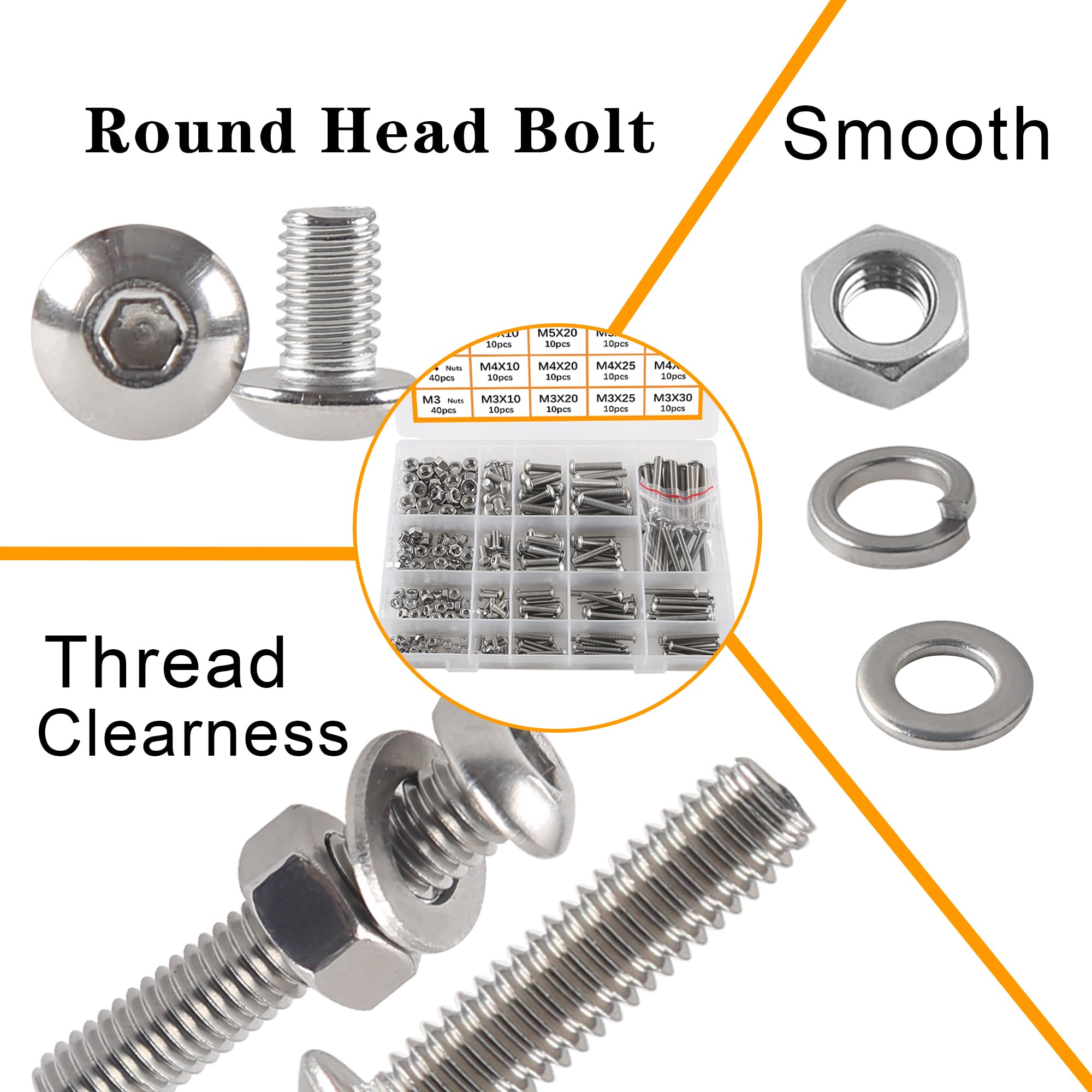 Rshuhx 300pcs Round head Bolts and Nuts and Washers Series set 304 Stainless steel M5 M6 M8 Hexagonal Cylindrical head Mechanical Bolts and nuts Classification box kit With hexagonal wrench - Image 3