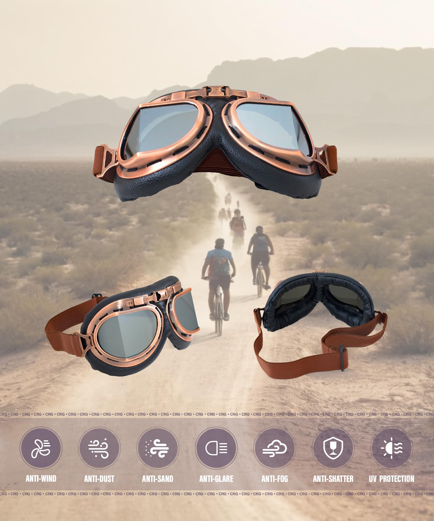 CRG Sports Motorcycle Goggle Vintage Aviator Pilot Style Motorcycle Cruiser Scooter Goggle for Man,Women, Adult