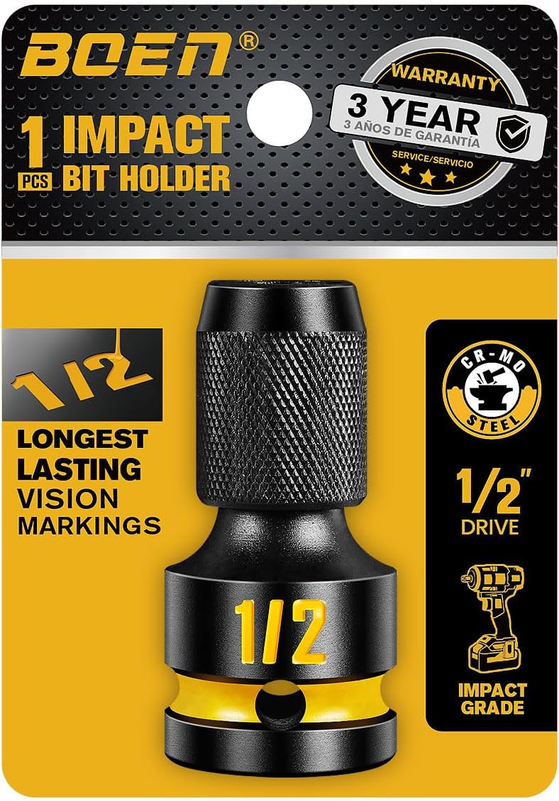 boen 3/8-Inch Drive to 1/4-Inch Hex Socket Adapter, Quick Release Impact Bit Holders, Square Drive Adapter, CR-MO Steel, Deep Embossed Size Marking