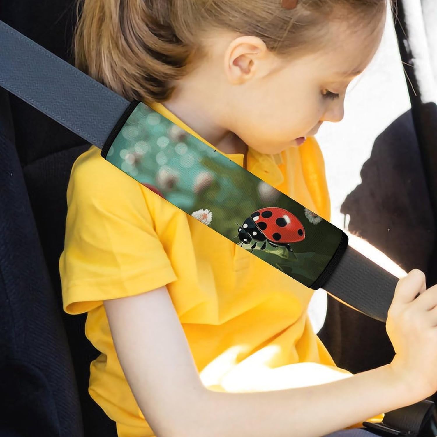 2 PCS Super Soft Car Seat Belt Pad, Cute Ladybug Landscape Printed Waterproof Sweat-Absorbing Seat Belt Covers Backpack Shoulder Pad for All Car Seats Baby Strollers