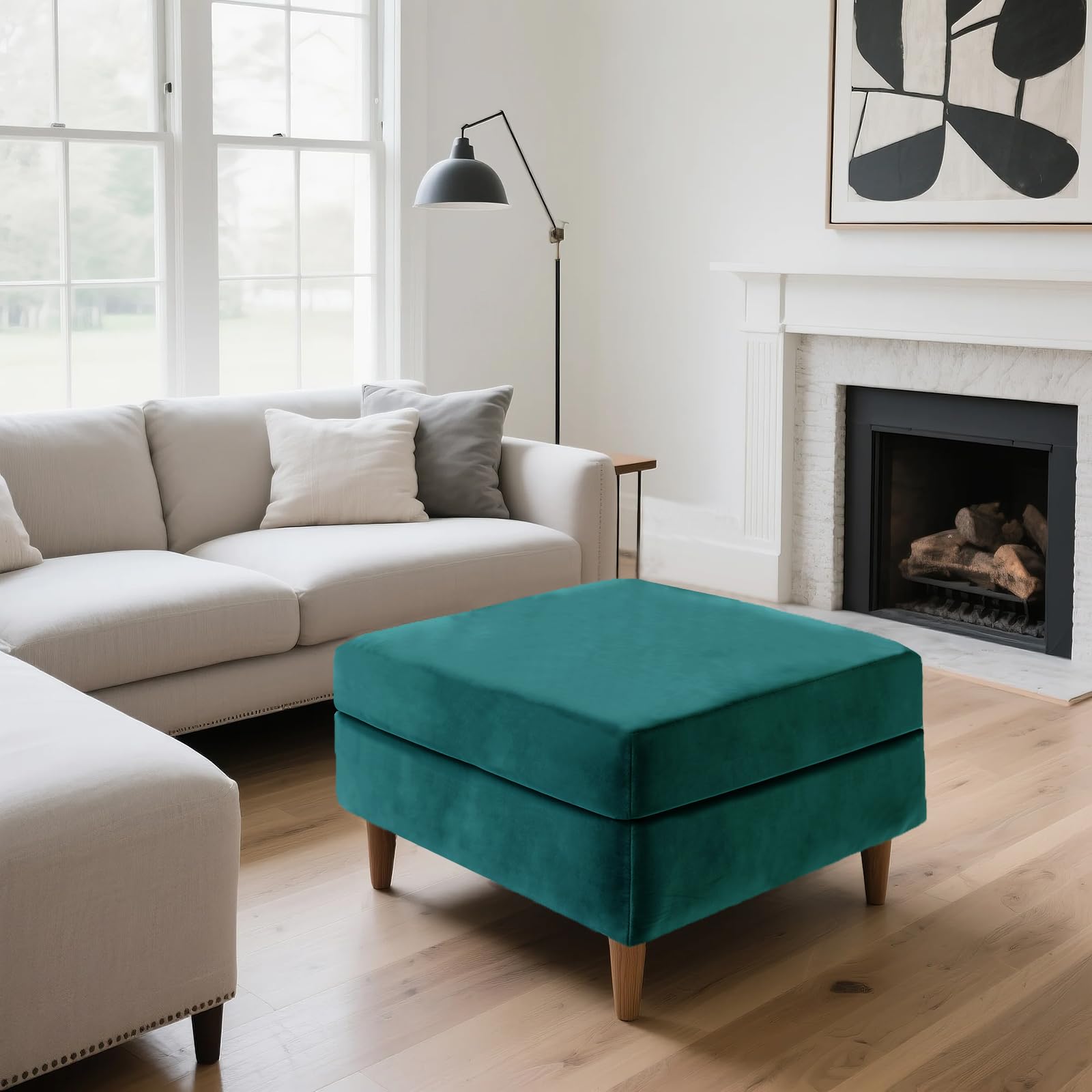 SYLC Ottoman Cover Stretch Velvet, Footstool Cover and Pouffe Cover Non-slip with Elastic Bottom/ties, Slipcover for Folding Storage Poofy Foot Stool (Teal,Square-L Ottoman+Seat)