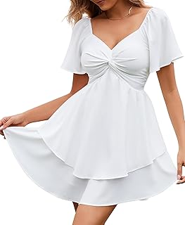 Women's Sweetheart Knot Front Dress Smocked Back Short Sleeve Layered Boho Chiffon Mini Dresses